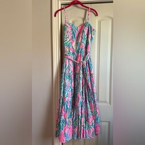 Lilly Pulitzer Pink and Blue Leaf Print Midi Dress